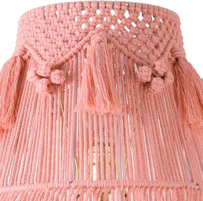 Pink Boho Woven Lamp Shade Bell Tassels Lampshade 7.5``Top x 12``Bottom x 11``High(Spider) Medium Handmade Lamp Shades for Table & Bedside Lamp - Easy Assemble