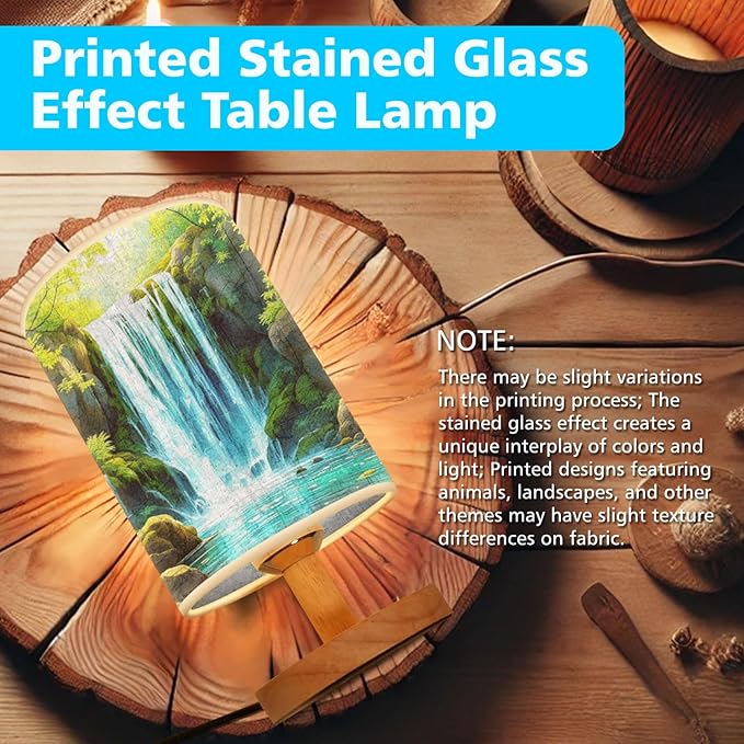 Waterfall in The Green Forest Table Lamp LED 3-Color Pressed Bedside, Waterfall in The Green Forest Shade Lamp with Wood Base for Bedroom Living Room Desk Office TL01