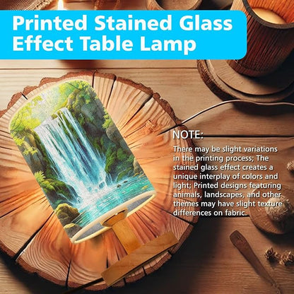 Waterfall in The Green Forest Table Lamp LED 3-Color Pressed Bedside, Waterfall in The Green Forest Shade Lamp with Wood Base for Bedroom Living Room Desk Office TL01