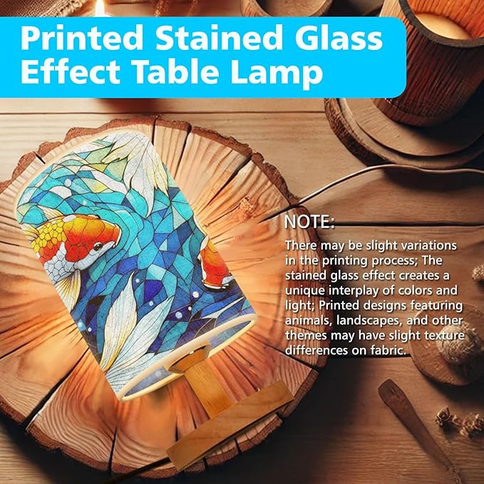 Koi Fish Table Lamp LED 3-Color Pressed Bedside, Koi Fish Shade Lamp with Wood Base for Bedroom Living Room Desk Office TL01