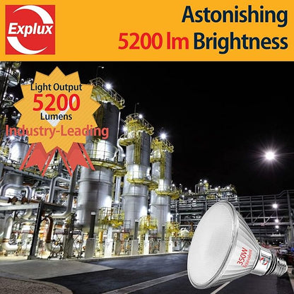 Explux 350 Watt Equivalent PAR38 LED Flood Light Bulb, Ultra Bright 5200 Lumens, Non-Dimmable, Full-Glass Outdoor Waterproof & Anti-Ageing, Daylight 5000K, 1-Pack