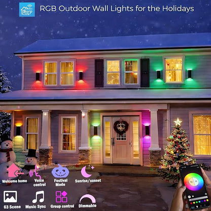 Tunable White Exterior Wall Light Fixtures 1200lm, RGB Color Up Down Outdoor Lights 2 Pack,Modern Dusk to Dawn Outdoor Lighting - Smart Outside Wall Lights for Garage,Porch（UL Listed