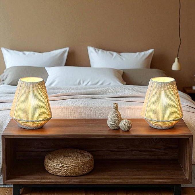 JHY DESIGN Set of 2 Woven Lampshade Table Lamps 8" H Cotton Rope Bedside Light‌s Cordless Decorative Battery Operated Lamps with 6 Hours Timer for Bedroom Living Room Home Parties Patio Events