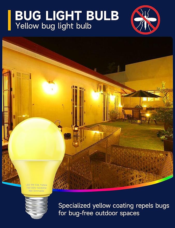 UNILAMP Yellow LED Bug Light Bulbs, A19 Outdoor Yellow Bug Light Bulb, 9W Equivalent 60W, Yellow Bug Light Bulbs for Outside, E26 Base for Porch, Holiday Party Decoration, Non-Dimmable, 4 Pack