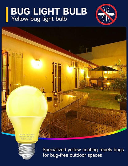 UNILAMP Yellow LED Bug Light Bulbs, A19 Outdoor Yellow Bug Light Bulb, 9W Equivalent 60W, Yellow Bug Light Bulbs for Outside, E26 Base for Porch, Holiday Party Decoration, Non-Dimmable, 4 Pack