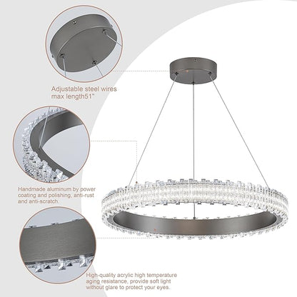 Modern Silver Grey Led Pendant Light,36W Dimmable LED Chandelier Lighting Fixture, 1 Ring Circular Hanging Led Pendant Lighting for Living Room Dining Room Kitchen Island Foyer Office