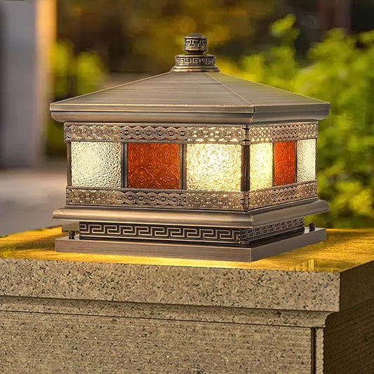 All Copper Steel Glass Outdoor Post lights, Waterproof Pillar Light, Vintage Patio Lawn Column Lamp,outdoor column lights,Deck Lights, Lantern Fence Lamp Fixture E26 Base (Flower glass, 16X16IN)