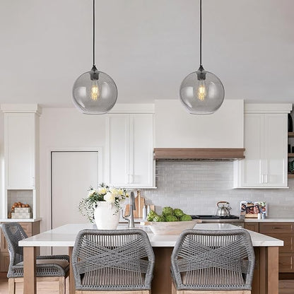 Grey Glass Pendant Lights Kitchen Island Lighting Modern Globe Pendant Light Fixtures Modern Pendant Lights for Kitchen Island Bedroom Living Dining Room Light Fixture-9.8inch,2Pack