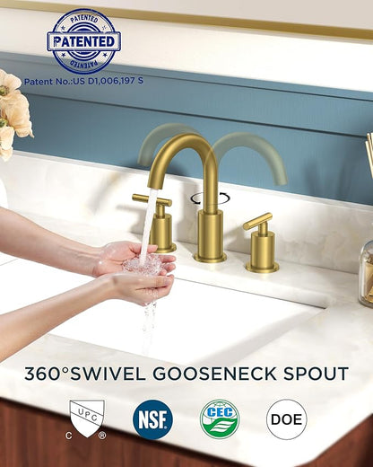 FORIOUS Brushed Gold Bathroom Faucet 3 Hole, 2 Handle 8 Inch Widespread Gold Sink Faucet Bathroom Vanity with 360 Degree Swivel Spout, with Pop Up Drain and cUPC Supply Line, for 6 to 12 in Sink