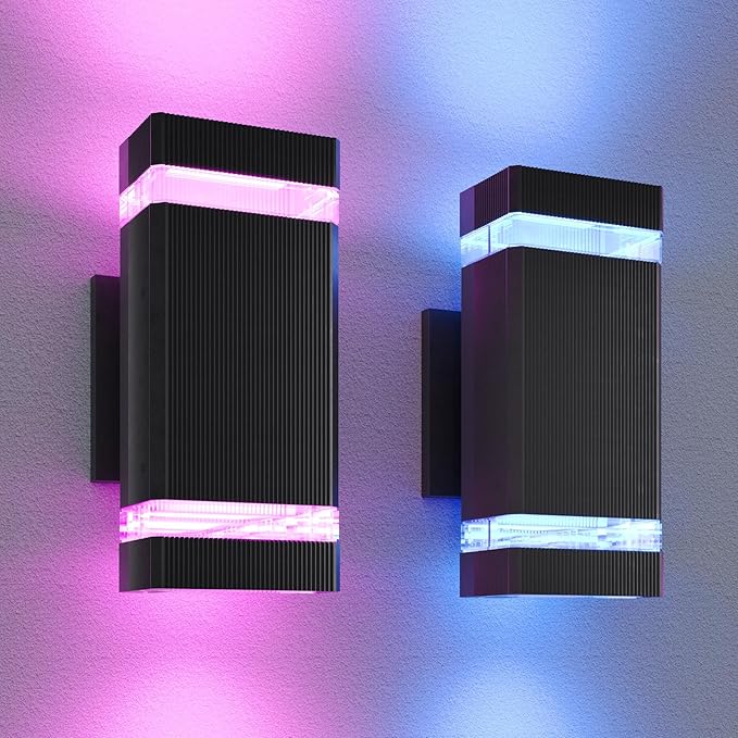Up and Down Outdoor Wall Light, RGB Color Changing Wall Lights,App&Voice Control, ETL Listed, Black Square Design, House Wall Sconce 6500K, Outdoor Exterior Lights for Porch, Garage