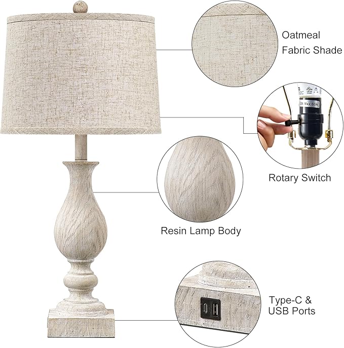 Farmhouse Table Lamp Set of 2 for Bedroom Living Room with USB A+C, 28" Tall Vintage Rustic Traditional Nightstand Bedside Lamps Retro Side Table Lamps, Rotary Switch, Washed White, Bulb not included