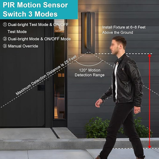 Modern PIR Motion Sensor Outdoor LED Wall Light, with a Rotatable Beam and 245° Adjustment, 3 Lighting Sensor Modes, IP65 Waterproof, Suitable for Porches, Balconies, Gardens, Garages.