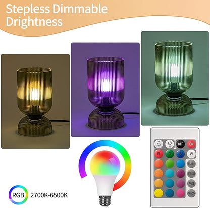 Modern RGB Glass Table Lamp with Remote，Color Changing Bedside Lamp with Green Glass Shade, 16 Colors, On/Off Cord Switch, Nightstand Lamp for Bedroom, Living Room, Office,Bulb Included