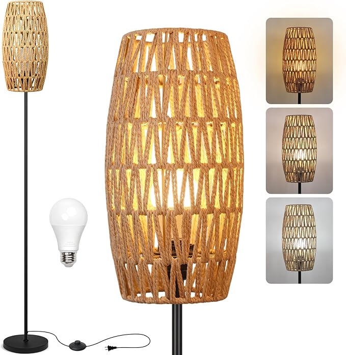 Floor Lamp for Living Room,Farmhouse Floor lamp,Modern Standing lamp with Hand-Worked Rattan Shade (Drum Rattan Shade Black Body Color-3 Color Bulb)