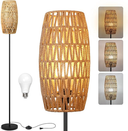 Floor Lamp for Living Room,Farmhouse Floor lamp,Modern Standing lamp with Hand-Worked Rattan Shade (Drum Rattan Shade Black Body Color-3 Color Bulb)