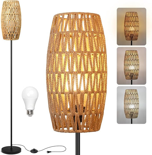 Floor Lamp for Living Room,Farmhouse Floor lamp,Modern Standing lamp with Hand-Worked Rattan Shade (Drum Rattan Shade Black Body Color-3 Color Bulb)