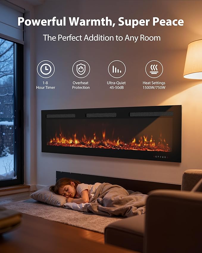 EUHOMY 72 Inch Electric Fireplace Wall Recessed and Wall Mounted with Adjustable Flame Color, Fireplace Heater with Remote Control, Linear Fireplace with Timer, Touch Screen, Log & Crystal, 750/1500W
