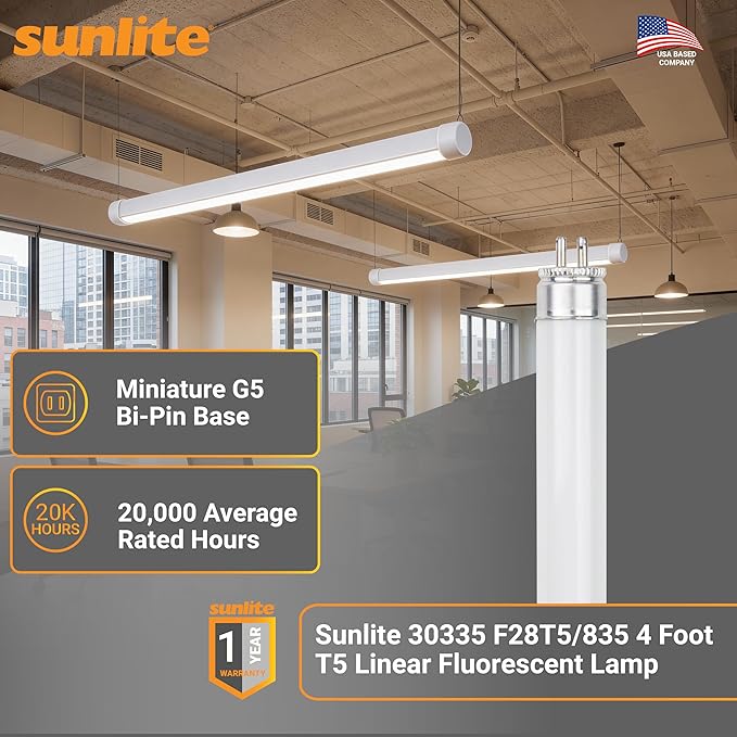 Sunlite 30335 F28T5/835 4 Foot T5 Linear Fluorescent Lamp, 28 Watts, 2500 Lumens, 3500K Neutral White, Miniature G5 Bi-Pin Base, ROHS Compliant, High Performance Straight Tube, 40 Pack