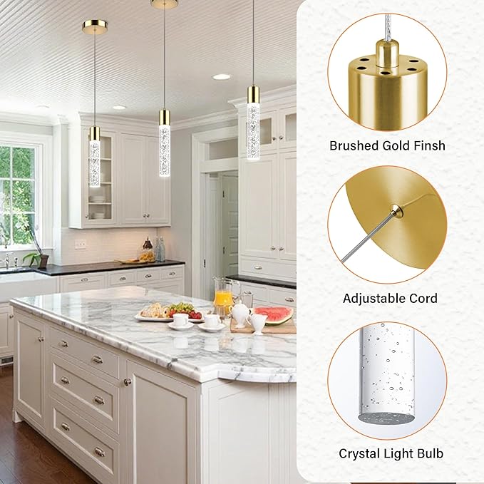 Pendant Lights Kitchen Island, 6500K Modern Kitchen Island Lights Brushed Gold, 1 Pack Ceiling Lighting Fixtures with Crystal Bubble, Integrated LED Hanging Light for Dining Room Restaurants