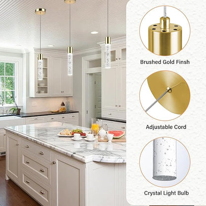 Pendant Lights Kitchen Island, 6500K Modern Kitchen Island Lights Brushed Gold, 1 Pack Ceiling Lighting Fixtures with Crystal Bubble, Integrated LED Hanging Light for Dining Room Restaurants