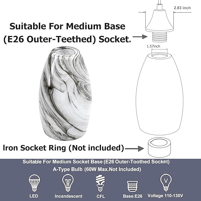 GO&SO 3 Pack Smoke-Gray Gradient Glass Lamp Shades,7.8"H Oval Pendant Light Art Fixture, 1.57" Fitter, E26 Base, Hand-blown Marble Hanging Light Shades, Dining Room, Hallway & Track Pendant Lights