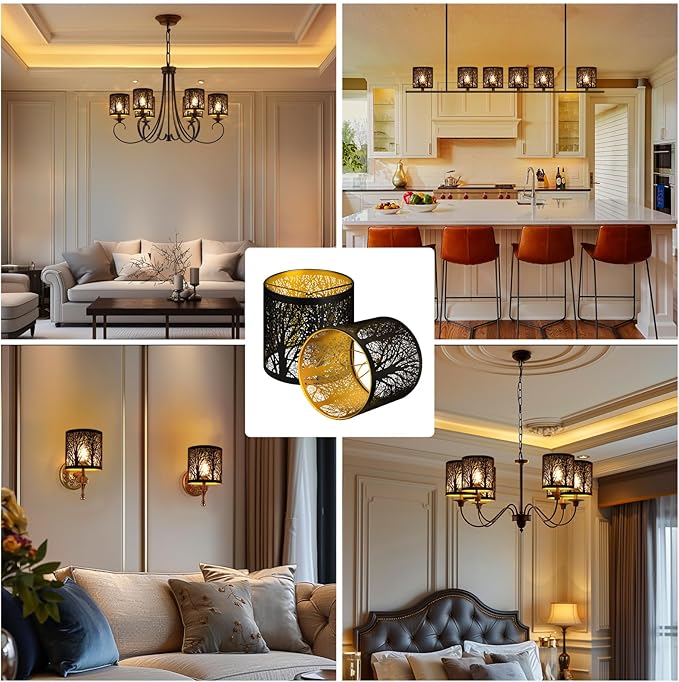 Chandelier Shades Set of 6, Metal Small Lamp Shades Clip on Bulb, 5.1 x 5.1 in Replacement, Mini Cylinder Lampshade, Black Clip on for Pendant Light, Wall Sconces