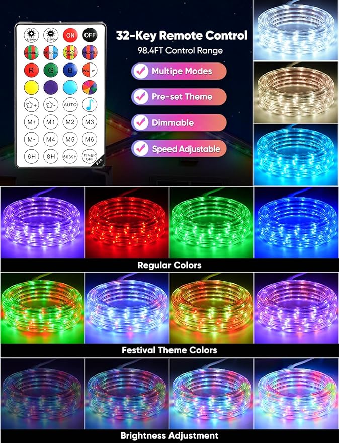 131FT Outdoor LED Strip Lights RGB+IC with Warm&Cool White, ETL Listed Music Sync Light Strip AC 120V, IP65 Waterproof and Connectable, for Party Festival Eave Porch Patio Every Day Decor