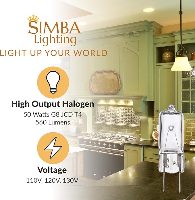 Simba Lighting Halogen Light Bulb G8 T4 50W JCD Bi-Pin (10 Pack) Longer 1.7" Length for Kitchen Hood, Landscape Lights, Desk and Floor Lamps, Wall Sconces, 120V Dimmable, 2700K Warm White