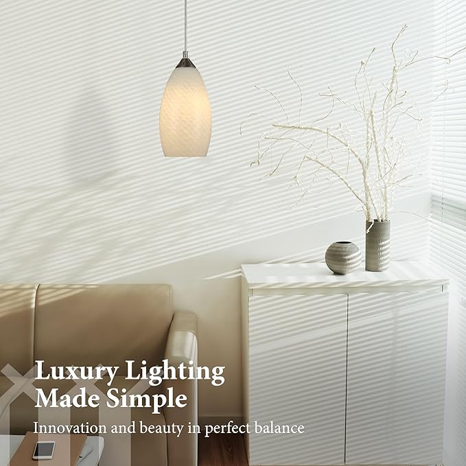Pendant Lighting, Modern White Fishline Handblown Glass, 4.25" x 9" Tall, Oval Art Shade Hanging Light, Brushed Nickel Hardware for Kitchen, Dining Room, Foyer Decor 4.7" Shade (1 Pack)