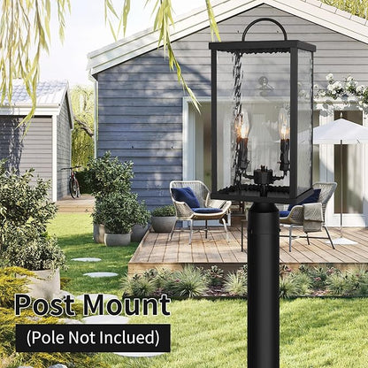 Outdoor Post Light Fixture, Modern Black Pole Lantern with Water Ripple Glass, Farmhouse Exterior Post Cap Lamp with E12 Sockets for Garden, Pathway, Courtyard, Patio, Porch, Driveway, Street