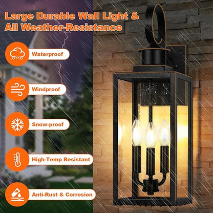 3-Light Outdoor Wall Light Fixtures, 19 Inch Large Waterproof Exterior Wall Sconces with Glass Shades, Black with Gold Trim Anti-Rust Outside Wall Lantern for House, Front Porch, Patio, Garage
