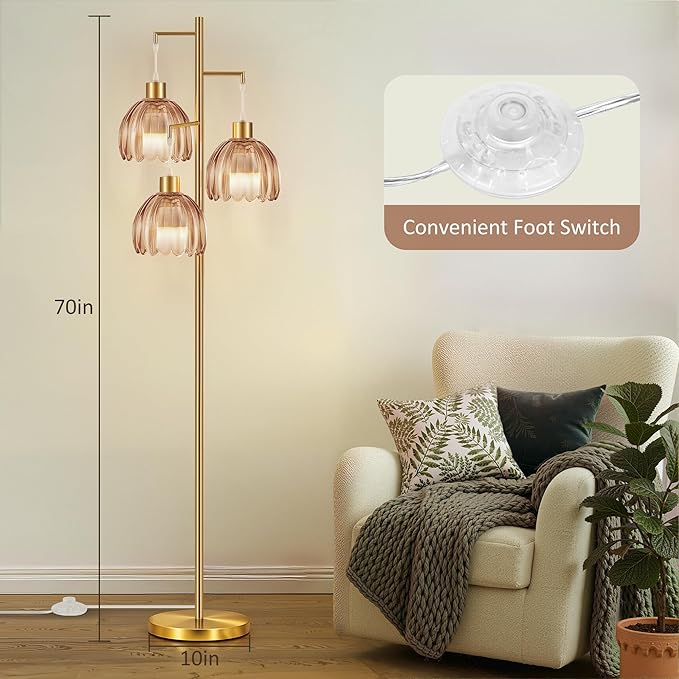 COTTHOS Floor Lamp for Living Room, Modern Standing Lamp Brass Glass Green Tree 3 Light Tall Floor Lamps for Bedroom & 800 Lumens LED Bulbs, Vintage Boho Flower Lamp Shade Farmhouse Boho Bohemian Gold