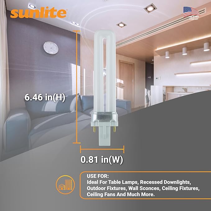 Sunlite PL13/SP50K Compact Fluorescent Single U-Shaped Twin Tube Light Bulb, 13 Watts, 120 Volts, 720 Lumens, 2-Pin GX23 Base, 5000K Daylight, 10 Pack