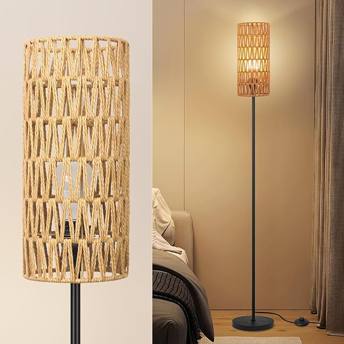 Floor Lamp for Living Room,Farmhouse Floor lamp,Modern Standing lamp with Hand-Worked Rattan Shade (Round Rattan Shade-3 Color Bulb)