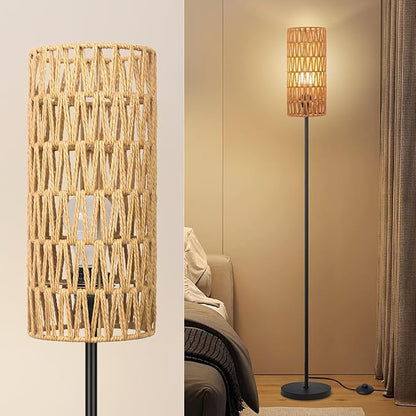 Floor Lamp for Living Room,Farmhouse Floor lamp,Modern Standing lamp with Hand-Worked Rattan Shade (Round Rattan Shade-3 Color Bulb)