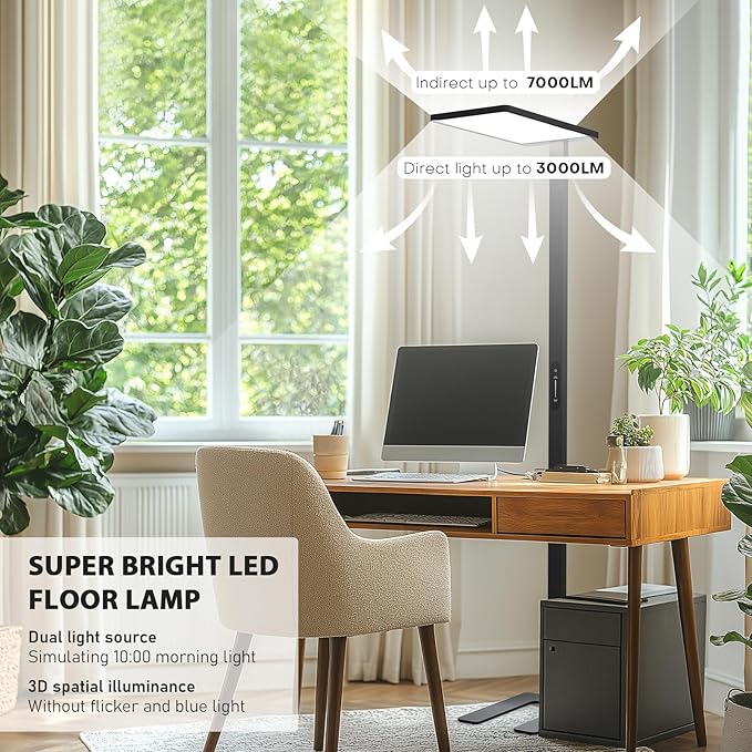 STERREN Modern LED Floor Lamp, 10000LM Touch Dimming Standing Lamp, 4000K Full Spectrum Eye-Care Reading Light Floor Standing, 76.8" Tall Lamp for Study Room, Office, Living Room, Bedroom (Black)
