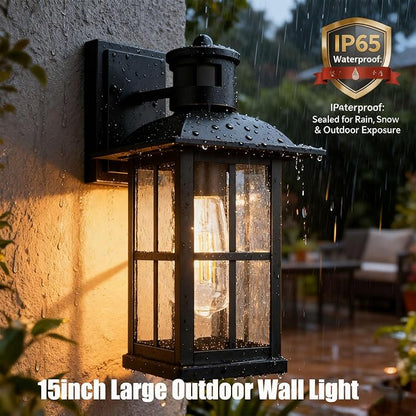 15inch Large Outdoor Wall Lights,Modern Black Exterior Lantern Wall Light Fixture with E26 Sockets & Tempered Glass,Waterproof Porch Wall Lighting for Garage,Garden