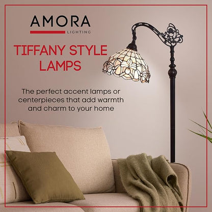 Amora Tiffany Floor Lamp - Arched, Stained Glass 62” - Traditional White Mahogany with Foot Switch Operation and Adjustable Lamp Shade - Custom Handcrafted Floor Lamps for Living Room