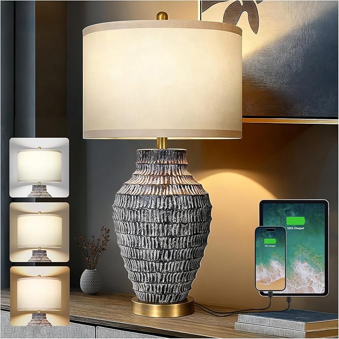 28”H Big Rustic Table Lamp with USB Charging Port for Bedroom Living Room, Black and Wash White Finish, 3 Color Temperature, Linen Shade, Rotary Switch Bedside Resin Lamp for Home Nightstand Decor