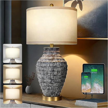 28”H Big Rustic Table Lamp with USB Charging Port for Bedroom Living Room, Black and Wash White Finish, 3 Color Temperature, Linen Shade, Rotary Switch Bedside Resin Lamp for Home Nightstand Decor