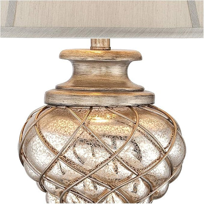 Barnes and Ivy Luke Traditional Vintage Table Lamp with Riser Nightlight LED 35.25" Tall Mercury Glass Off-White Fabric Bell Shade Living Room Bedroom House Bedside Nightstand Home Office