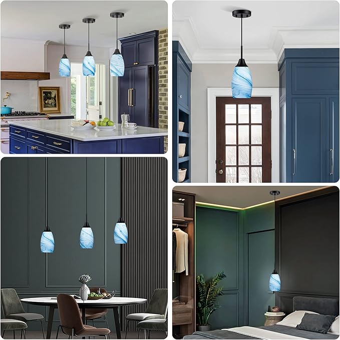 Mini Glass Pendant Light 4.72" with Handblown Blue Marble Art Glass Hanging Light 1-Pack Oval Ceiling Hanging Light Fixture for Dining Room Kitchen Island Cafe Foyer Hallway