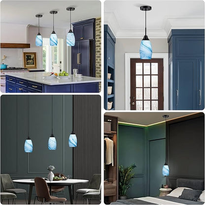 Mini Glass Pendant Light 4.72" with Handblown Blue Marble Art Glass Hanging Light 1-Pack Oval Ceiling Hanging Light Fixture for Dining Room Kitchen Island Cafe Foyer Hallway