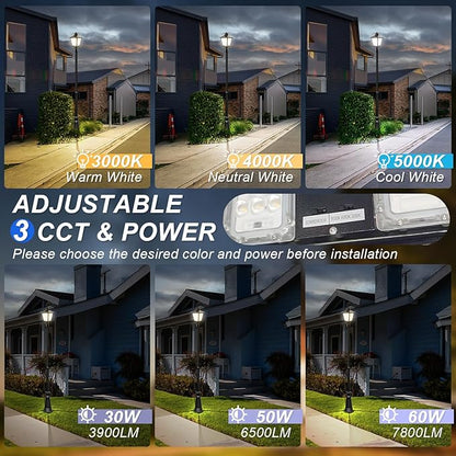 LED Post Top Light, 60W/50W/30W Power Tunable, 3CCT 5000K/4000K/3000K Outdoor Post Pole Lights, LED Parking Lot Light for Garden Yard Street Lighting, IP65 Waterproof, AC100-277V, UL DLC Listed