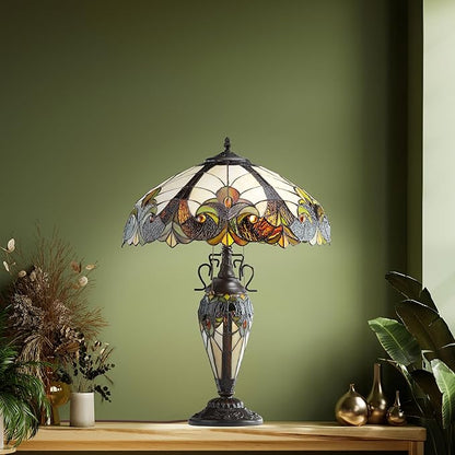 RIVER OF GOODS - Stained Glass Halston Double Lit Table Lamp - 24.5" H - Decorative Lamp for Bedroom - Bedside Lamp - Desk Lamps for Home Office - Tiffany Style - Amber
