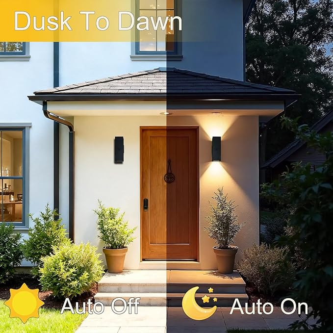 Motion Sensor Outdoor Wall Lights, Dusk to Dawn Porch & Patio Sconce with E26 Dimmable LED Bulbs, Black Aluminum Up & Down Exterior Lights for Garage, Garden, Front Door, ETL Listed