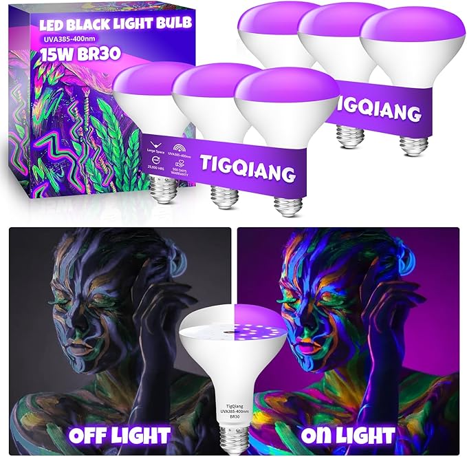 White Casing Black Light Bulbs, Blacklight Bulb 6 Packs, 120W Equivalent, E26 BR30 LED Black Light Bulb 385-400nm for Halloween Christmas Decor, Body Paint, Glow Party, Fluorescent Poster