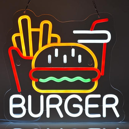 Burger Fries Neon Sign for Wall Decor Art Hamburger French Fries LED Neon Light14"x17" Fast Food Business Signs for Home Restaurant Bar Man Cave Decoration Handmade LED Neon Tubing Signs