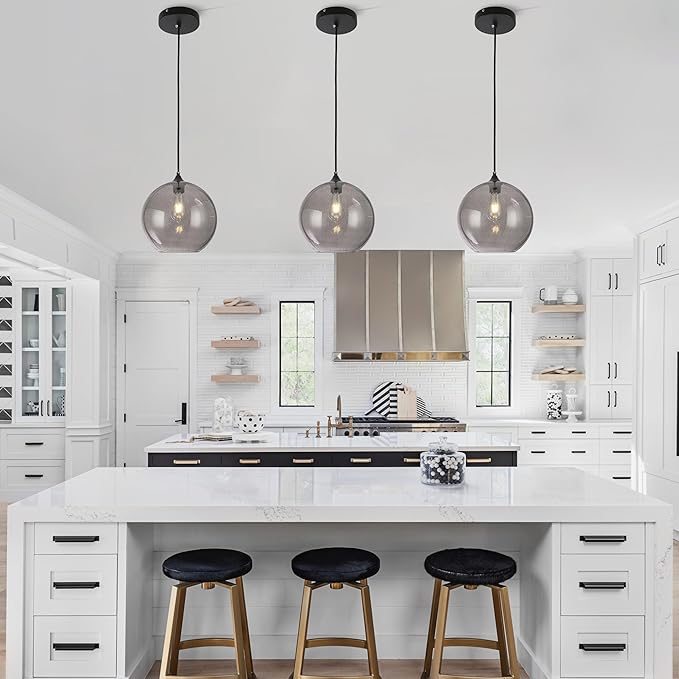 Grey Glass Pendant Lights Kitchen Island Lighting Modern Globe Pendant Light Fixtures Modern Pendant Lights for Kitchen Island Bedroom Living Dining Room Light Fixture-11.8inch 2Pack