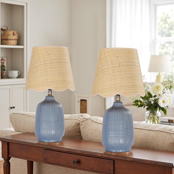 19" Boho Ceramic Table Lamp Set of 2, Handmade Ceramic Base with Rattan Shade, Farmhouse Plug-in Bedside Nightstand Lamps for Bedroom, Living Room, E26 Socket, Navy Blue